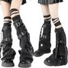 Womens Harajuku Punk Denims Flared Leg Warmer Metal Buckled Straps Pocketed Cargo Boot Cover Long Stockings Streetwear