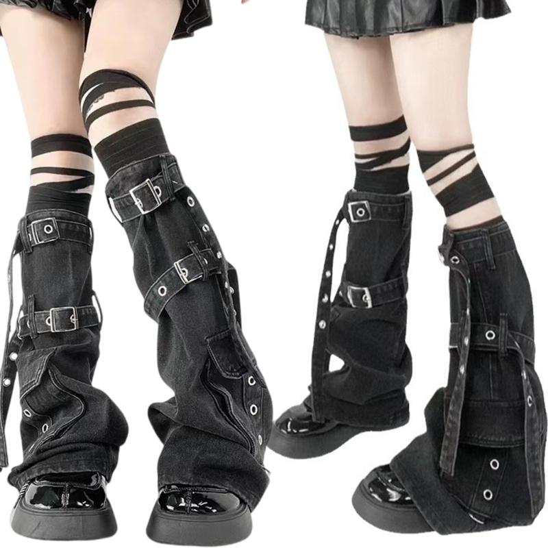 Womens Harajuku Punk Denims Flared Leg Warmer Metal Buckled Straps Pocketed Cargo Boot Cover Long Stockings Streetwear
