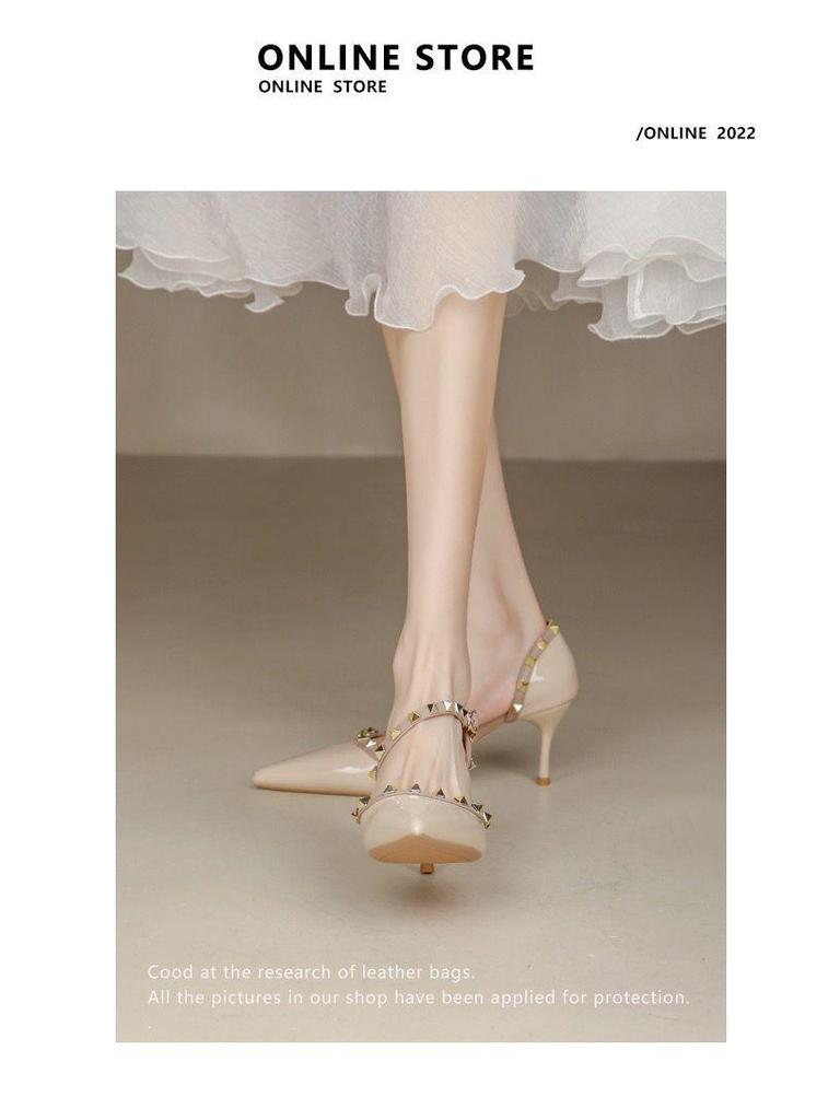 Women's Summer 2025 Studded Peep-Toe Stiletto Heels - Soft Leather, Nude