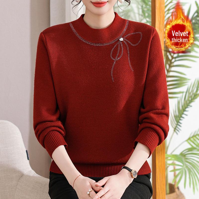 Middle-aged Women's Plus Velvet Knit Sweater: Warm, Loose Fit Base Layer
