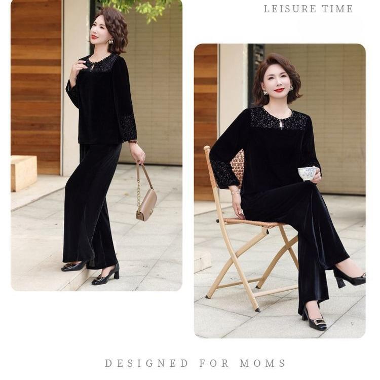2pcs Pants Suit Autumn Women's Loose Plus-size Velvet Blouse High-waist Velvet Pants Two-piece Set