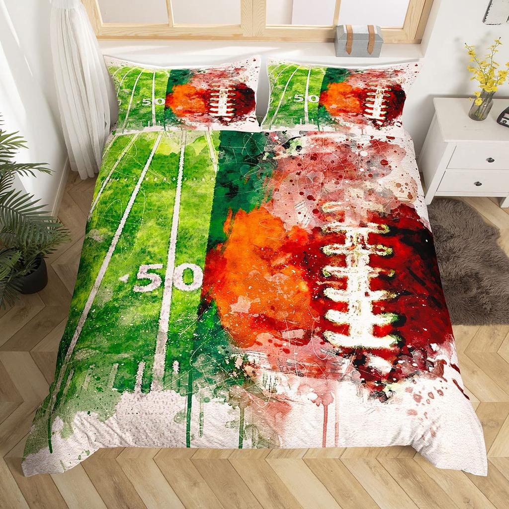 Boys Rugby Sports Duvet Cover Queen Football Bedding Set Ball Sport Comforter Cover Black Tie Dye Quilt Cover with 2 Pillowcases