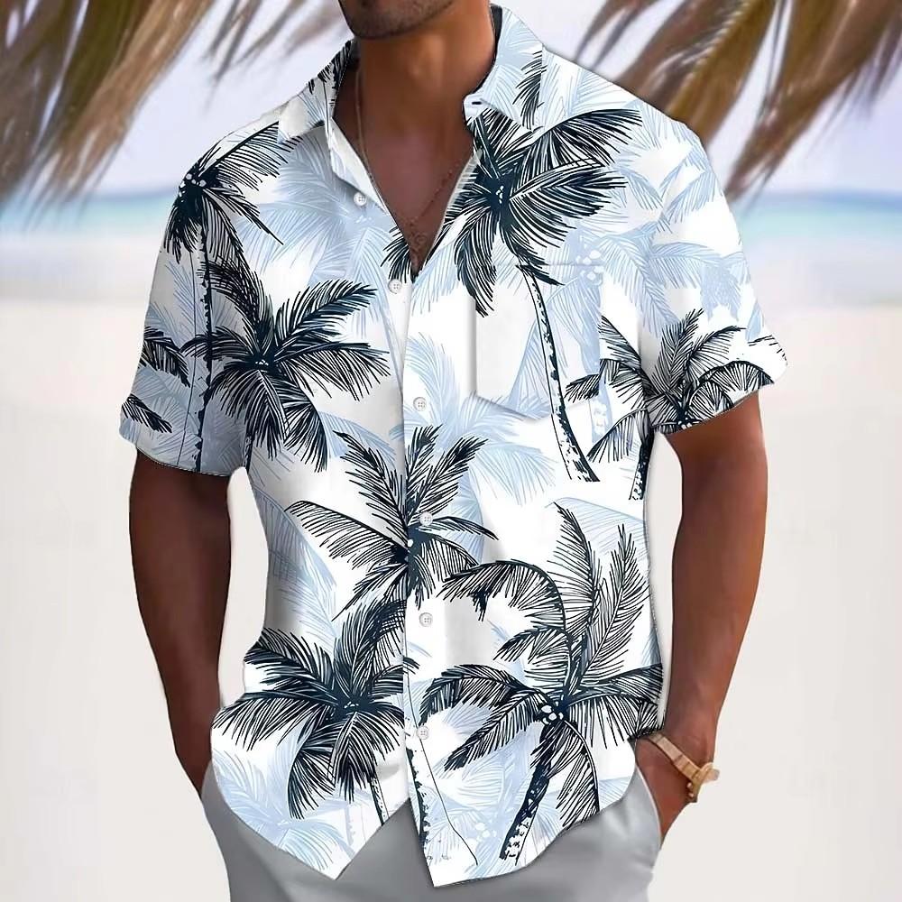 Men's Summer Short Sleeved Coconut Tree Pattern Printed Collar Top Hawaii Vacation Shirt Men's Casual Street Hip Hop Short Sleeved Shirt