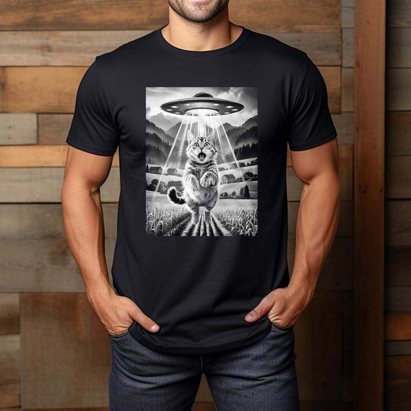 Cat Ufo Alien Abduction Funny Graphic Tees Men Women Kids T-Shirt XL