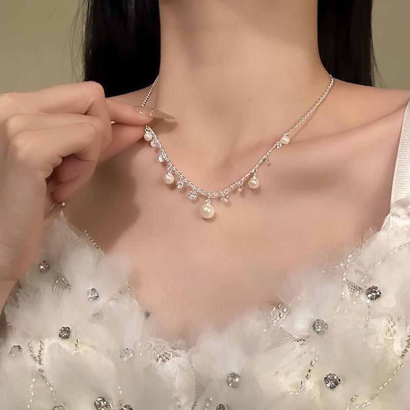 Zircon Water Drop Pearl Pendant Necklace Light Luxury Retro Temperament Collarbone Chain Niche Fashion Versatile Jewelry Women