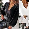Women's Fashion Wide V-Neck Sexy Shirt Long-Sleeved Blouse