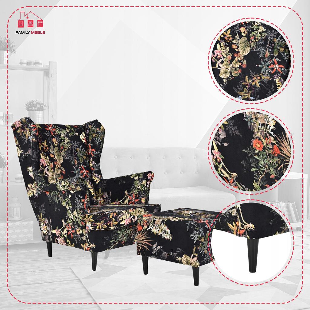 Křeslo ušák ARI PRINT s podnožkou, skandinávské Family Meble velurové