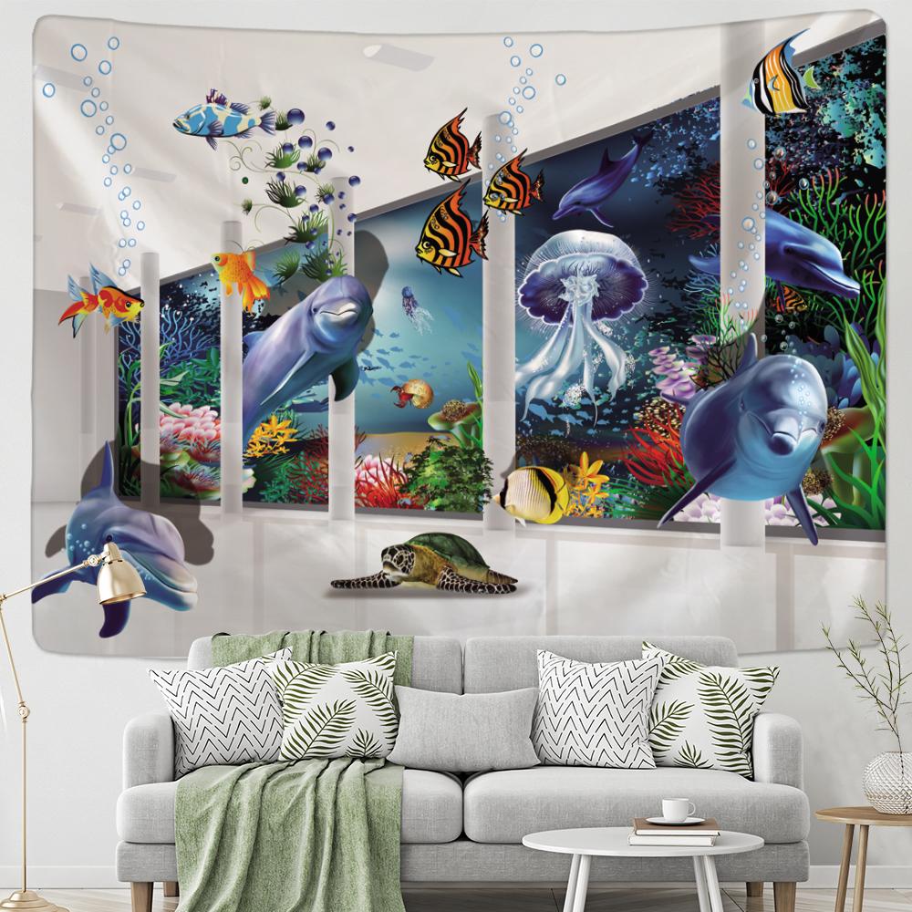 Bottlenose Dolphin Tapestry Wall Hanging Cartoon Kawaii Kids Boho Hippie Aesthetic Room Art Home Decor