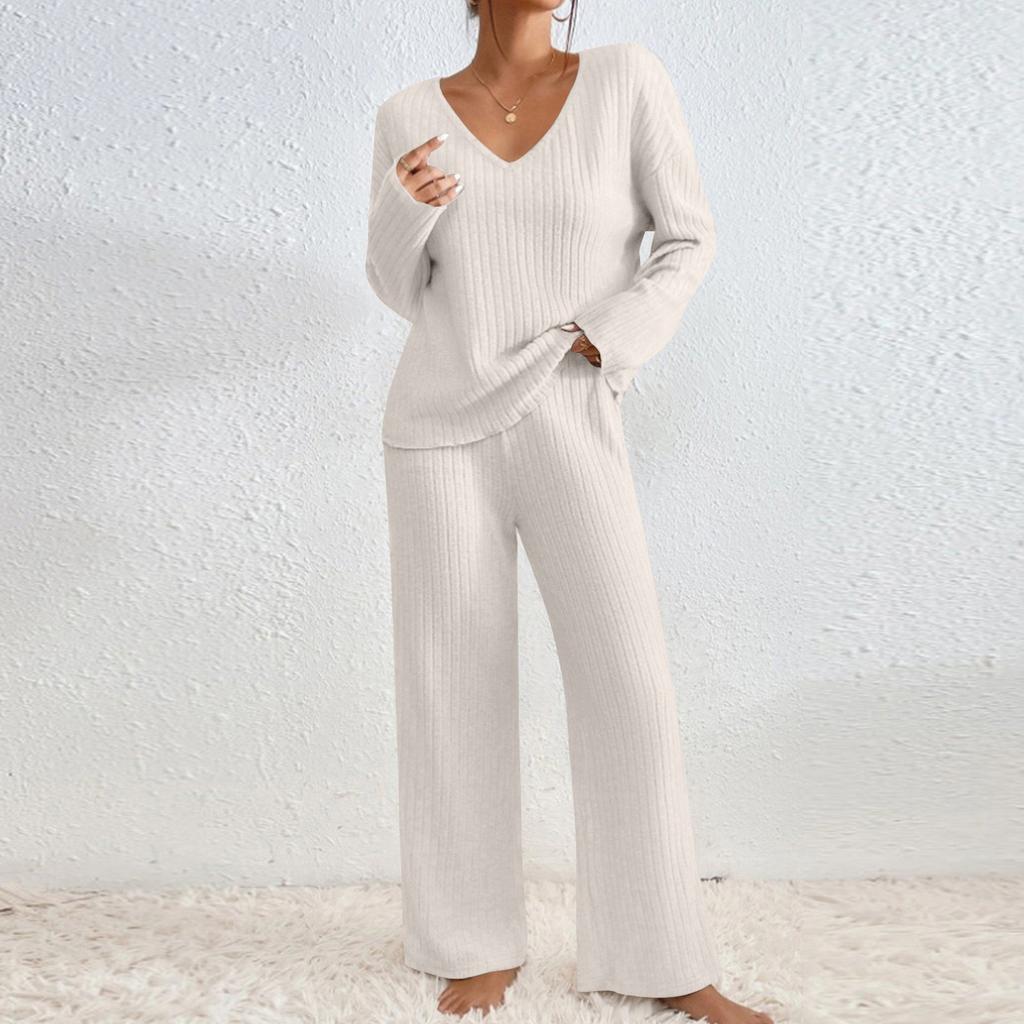 Set din două piese pentru femei, cu decolteu în V, cu mâneci lungi și pantaloni