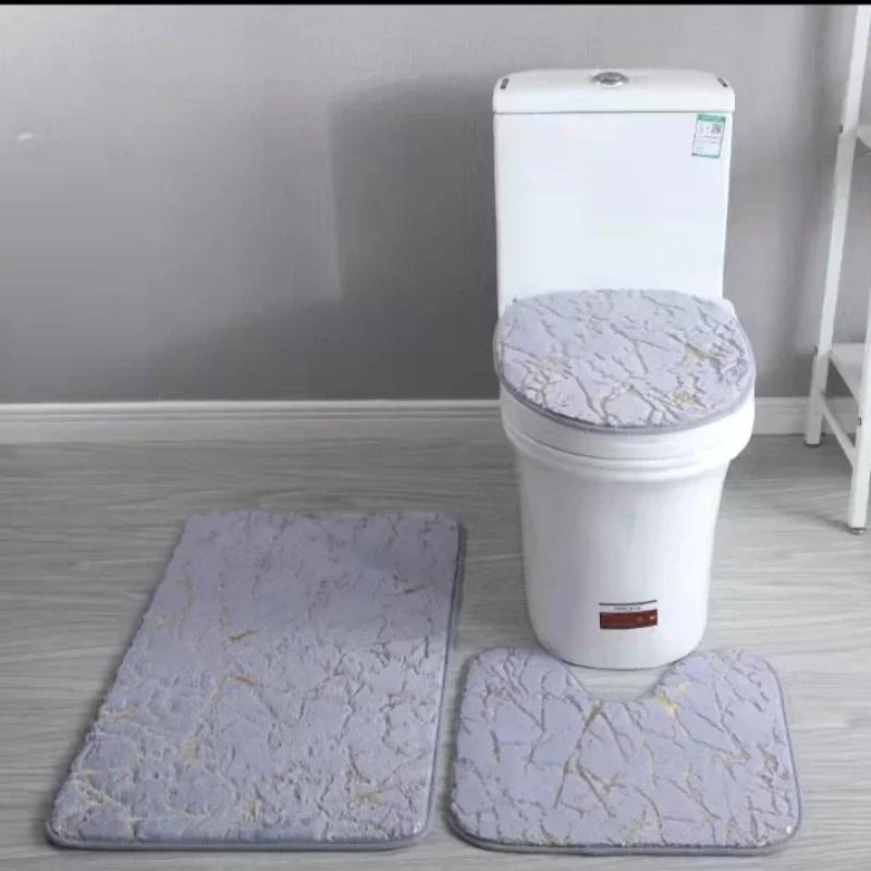 3pcs Set Flannel Carpet Bathroom Floor Pat Toilet Stripe Printing Anti Slip Wear-resistant Mats Bathroom Shower Rugs Toilet Mat