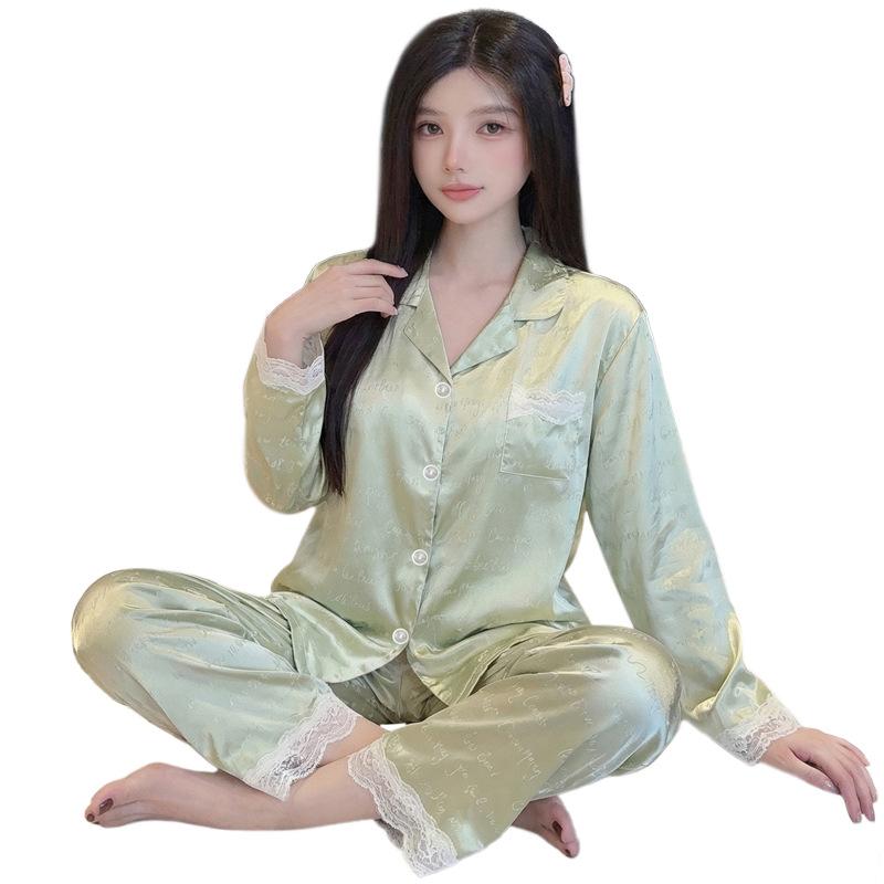 Summer Thin Pajamas Women'S Ice Silk French Style Long-Sleeved Trousers Cool Jacquard Loungewear