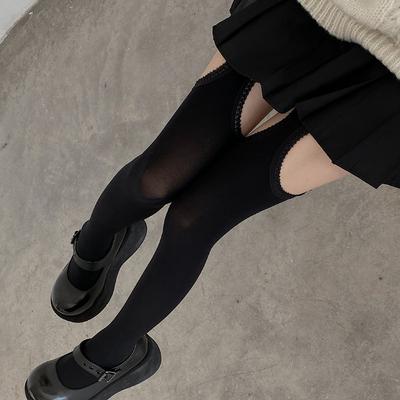 Black&White Sexy Stockings Belt Suspender Velvet Tights Hollow Thigh High Stockings Digging Holes Knee Socks Women Tights