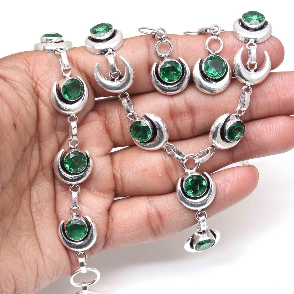 Emerald Quartz Gemstone Handmade Ethnic Jewelry Necklace Set 18-20''