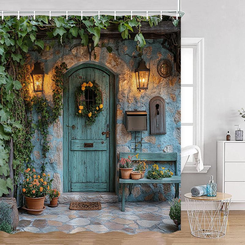 Hand-painted Street View Shower Curtains European Garden Cafe Green Plants Flowers Greenery Bathroom Decor Modern Bath Curtain