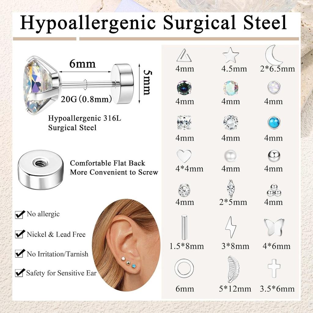 Jstyle 21Pairs Flat Back Earrings for Women Hypoallergenic Studs Set | Surgical Steel Flatback Earrings,Small CZ Star Moon Ball Pearl Earrings