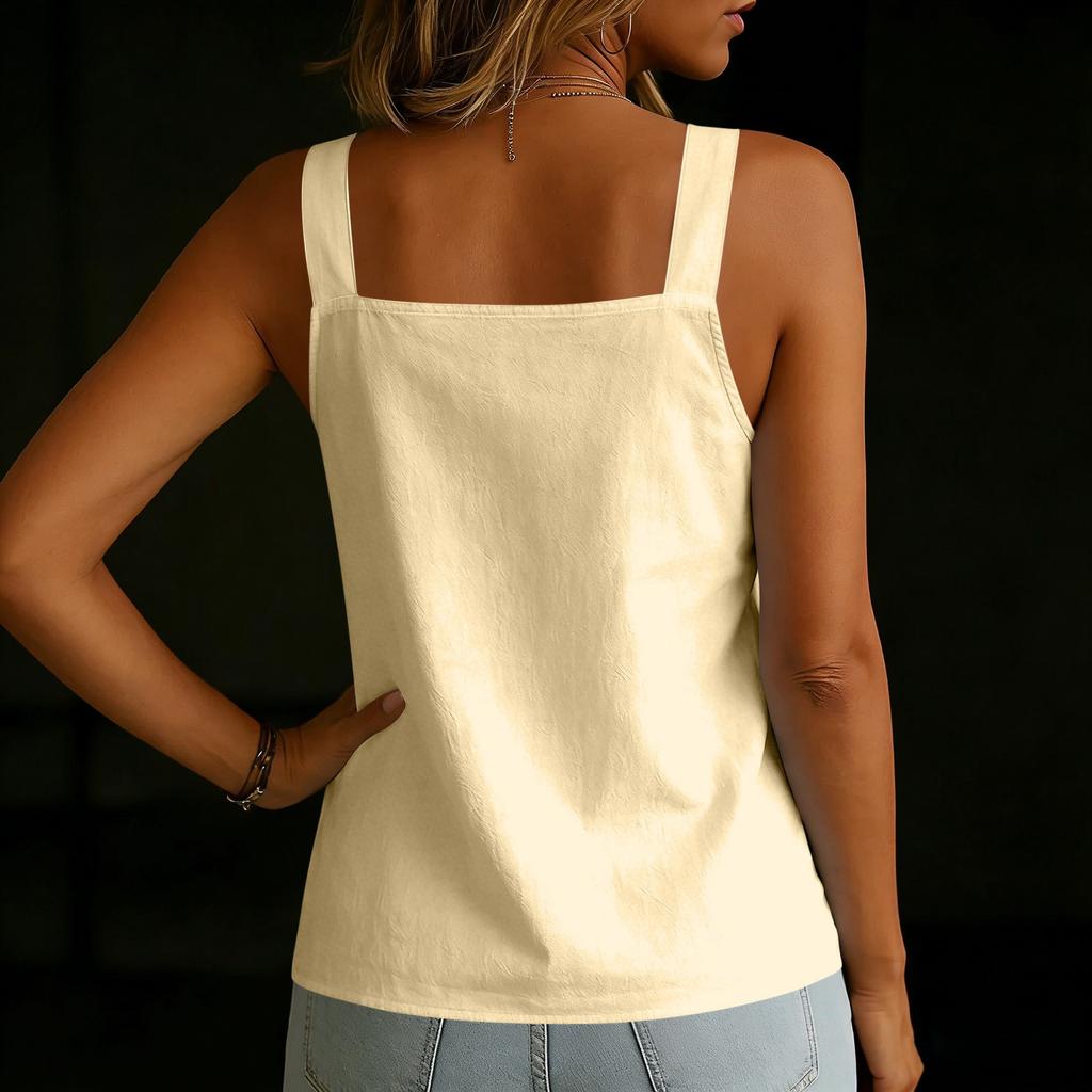 Women's Summer Fashion Color Square Neck Loose Sleeveless Button Vest Shirt Pullover Top