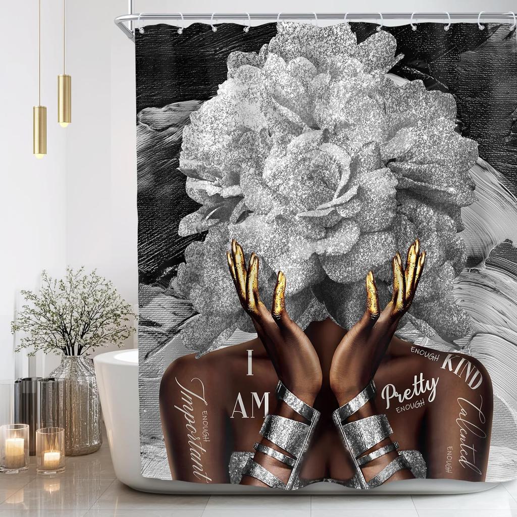 African American Shower Curtain, Black Gold Peony Floral, Modern Girly Quotes, Waterproof Polyester with Hooks