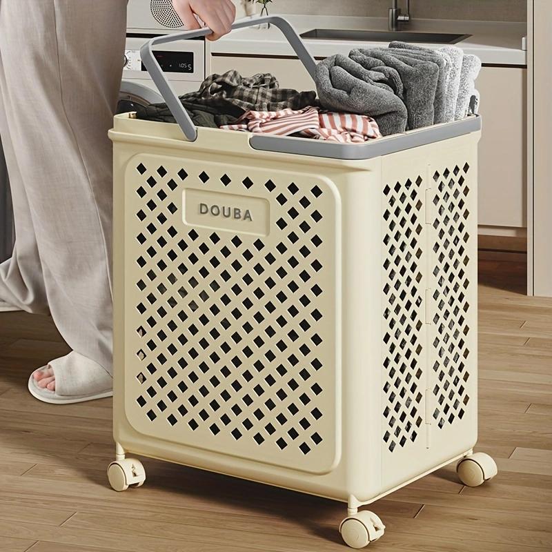 Foldable Storage Basket, Small Plastic Laundry Basket with Wheels and Handles, Space-saving Rolling Basket