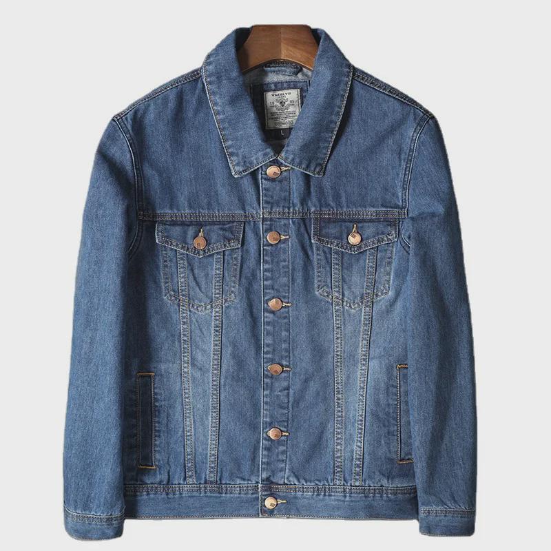 Men's Solid Color Denim Jacket - Long-Sleeve, Loose Fit, Casual Workwear, Spring Collection, Large Sizes Available.
