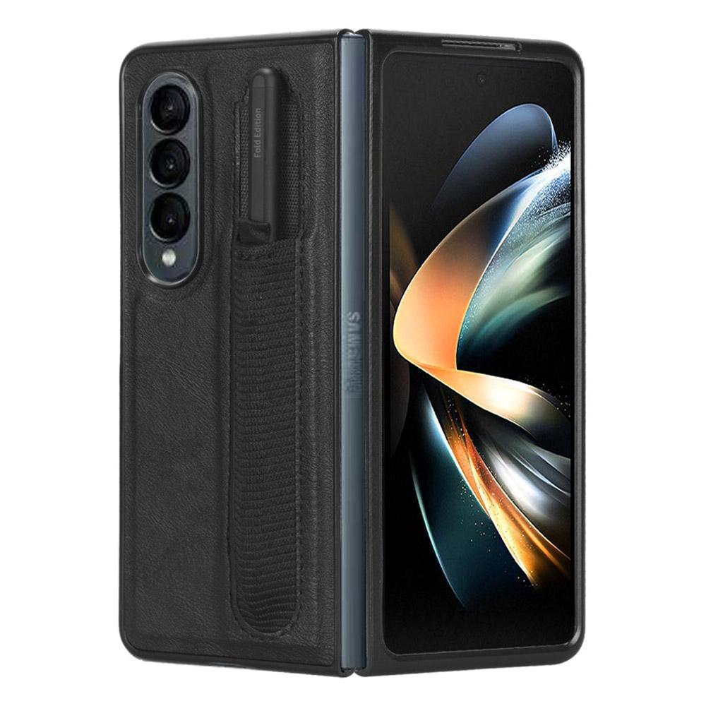 

For Samsung Galaxy Z Fold4 5G Retro Texture PU Leather+Hard PC Shell Shockproof Anti-Scratch Phone Cover with Pen Holder Black
