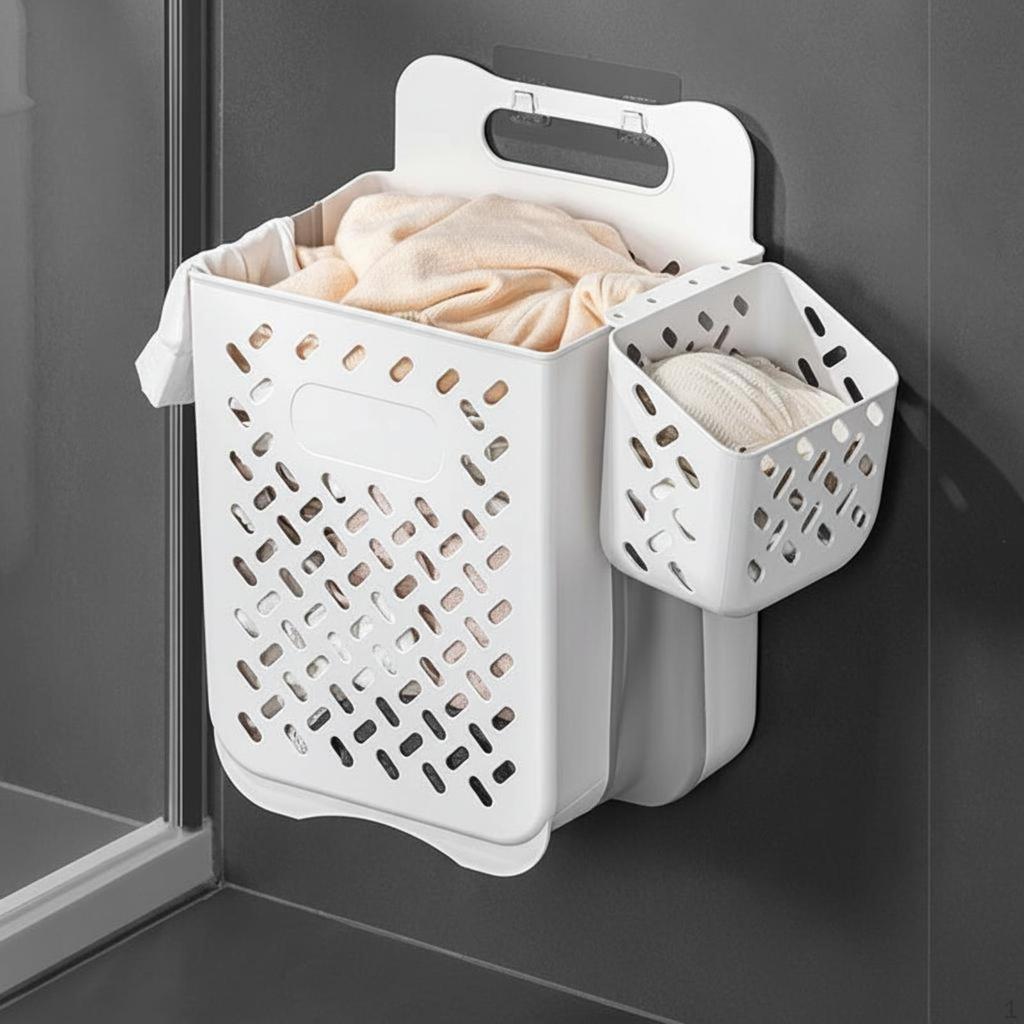 Bathroom Laundry Hamper, Dirty Clothes Basket, foldable WallMounted Organizer White Large 1pc