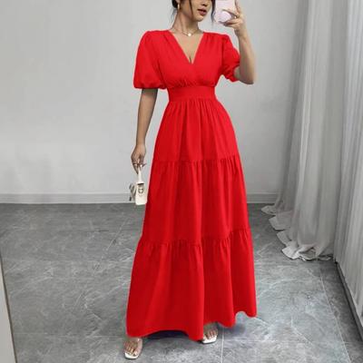 European and American Cross-border Foreign Trade New Women's Clothing Elegant Splicing Skirt Solid Color Short Sleeve High Waist Long Dress Dress