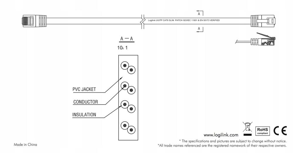 Patchcord LogiLink CF2073U CAT.6 U/UTP 5 m, płaski, czarny