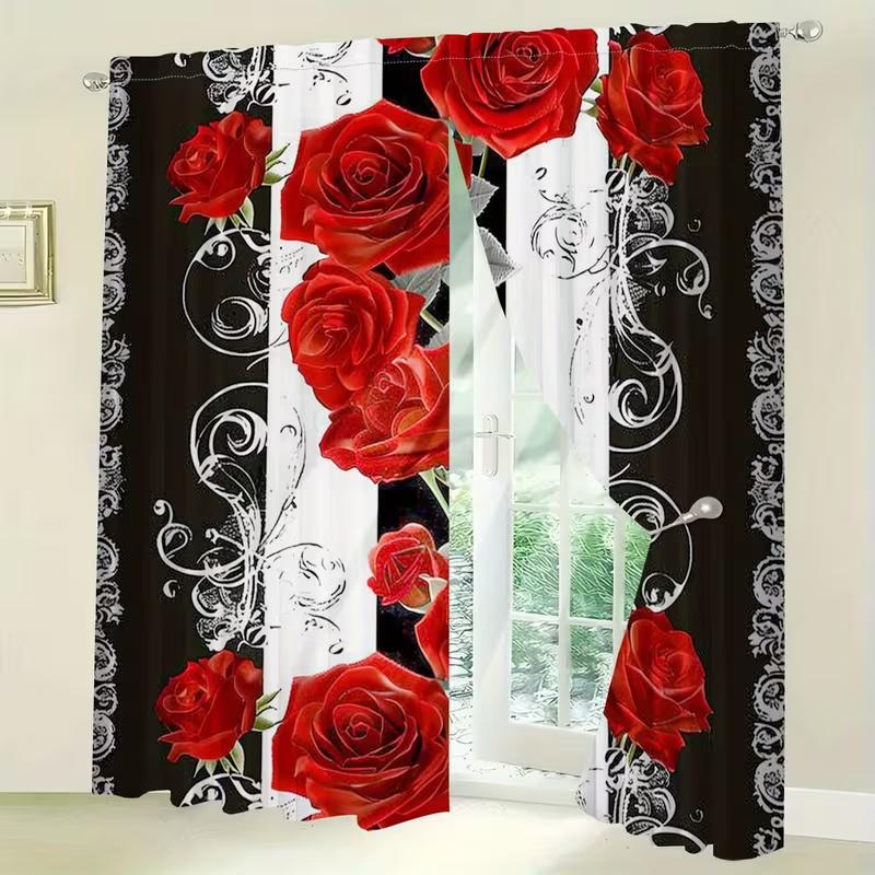 2 Pcs Red Flower Stripes Print Curtains,suitable for Bedroom,living Room Kitchen Decoration,home Decoration,window Decoration