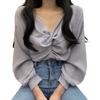 Women Shirt V-Neck Lantern Long Sleeve Pullover Tops Solid Color Knotted Design Regular Fit Tops Daily Wear