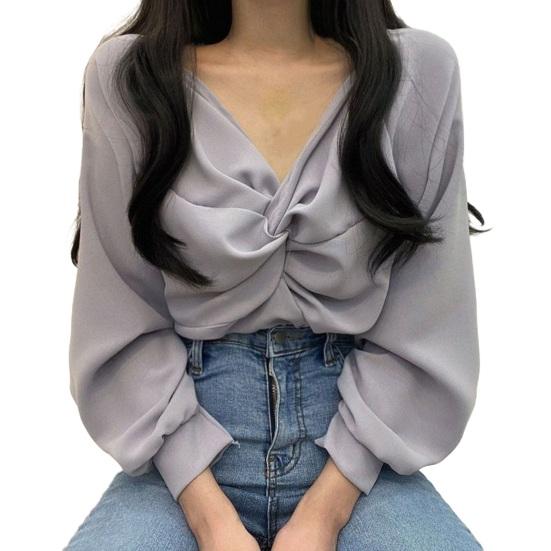 Women Shirt V-Neck Lantern Long Sleeve Pullover Tops Solid Color Knotted Design Regular Fit Tops