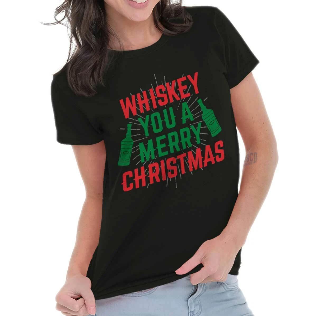 Funny Whiskey You A Merry Christmas Party Womens Top Junior Graphic Tee XXL