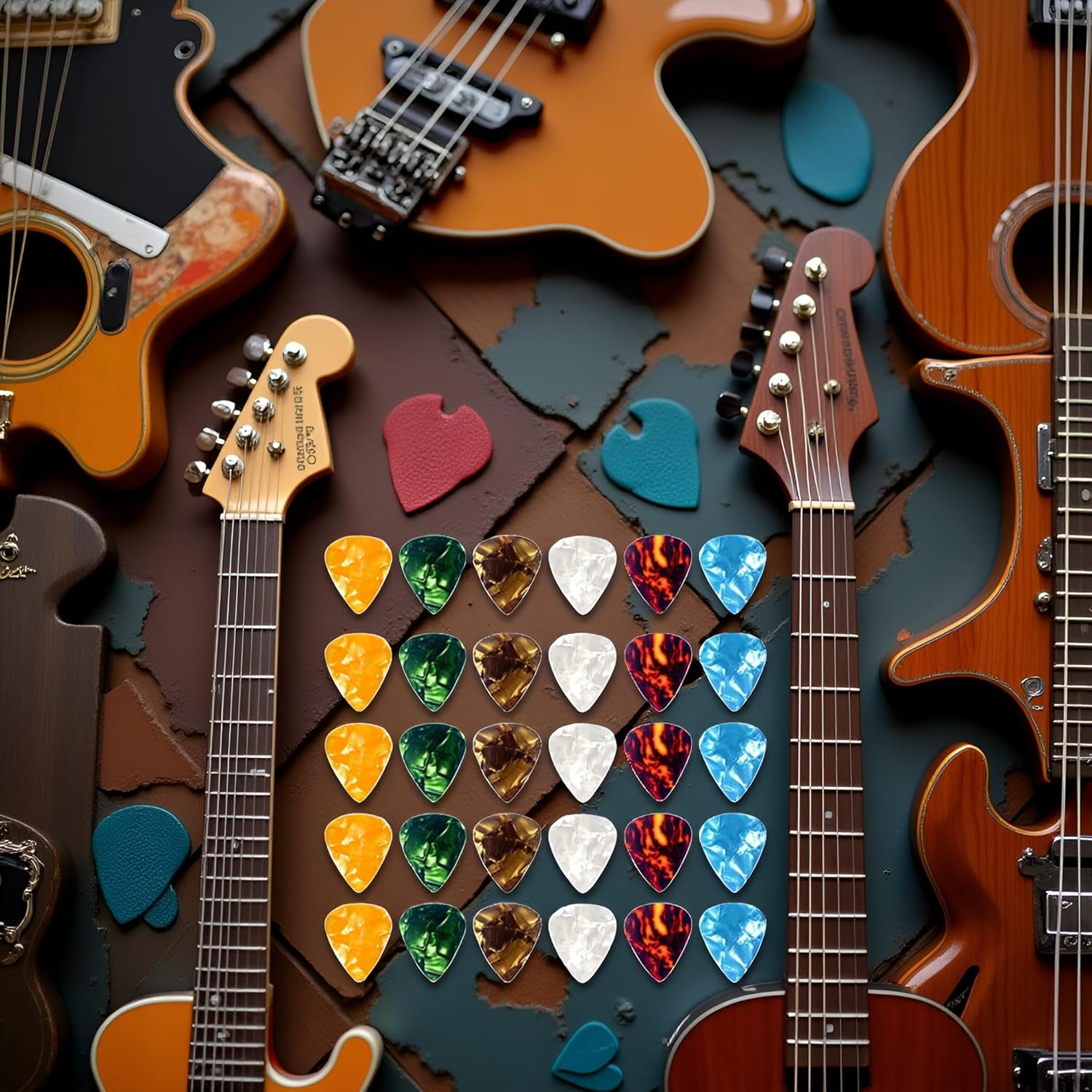 30 Pcs Random-color Guitar Picks,Plectrums Guitar Accessories 0.5 0.75 1.0 mm Thin Variety Colorful Love Heart Natural Feel, Warm Tone for Bass