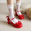 Girls High Heels Woman Heel Lolita Shoes Patent Leather Bow Mary Jane Pumps Women Wedding Cosplay Party Shoe Red Pink Black30-43