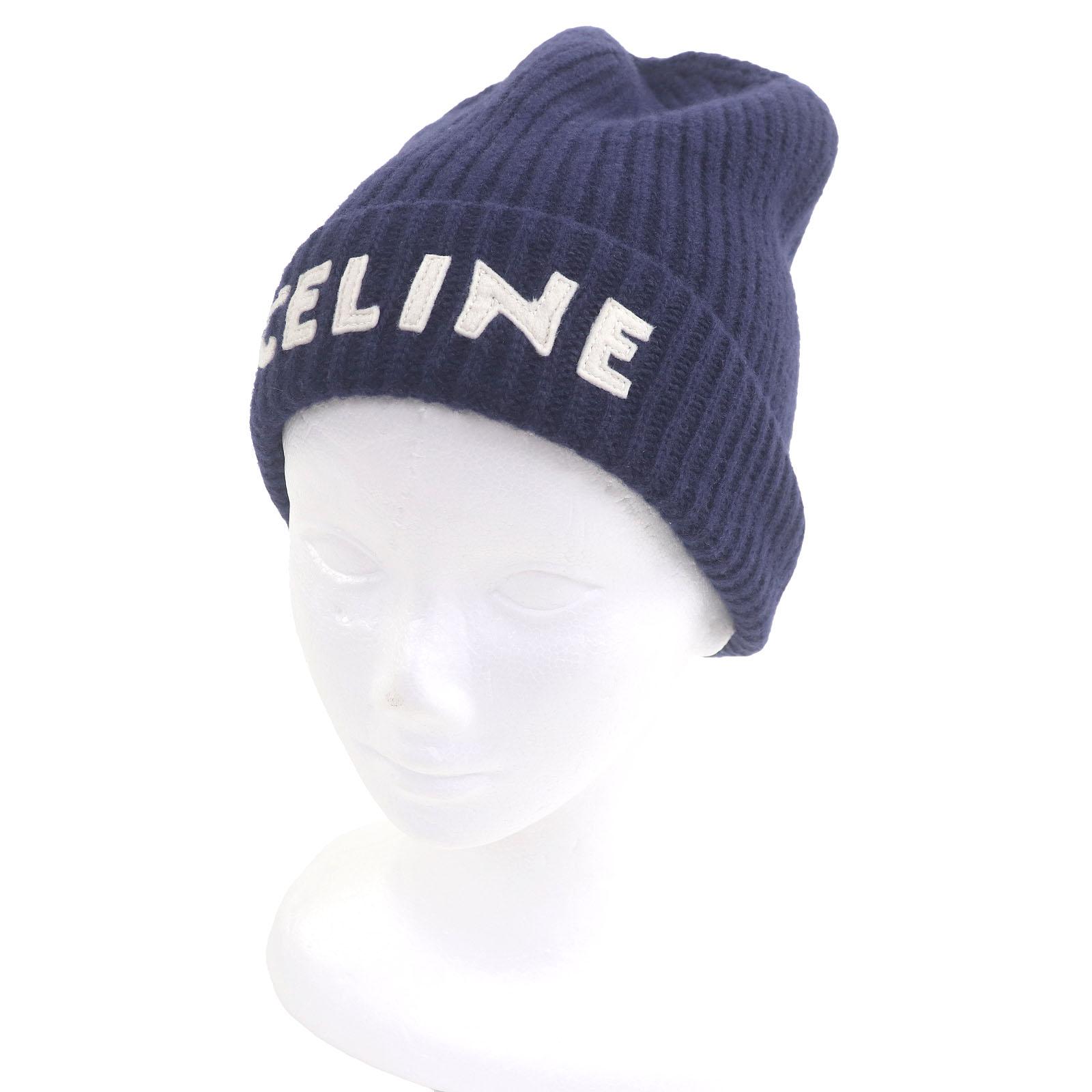 

Excellent CELINE Knit cap Logo patch beanie hat Navy wool mens 2AH35423P Used