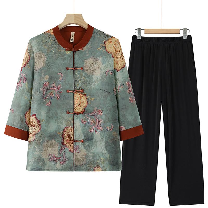 

Рубашка бабушки в китайском стиле со стойкой и повседневный топ со средним рукавом в комплекте с брюками для женщин среднего и пожилого возраста XXXL (125-135 Jin)