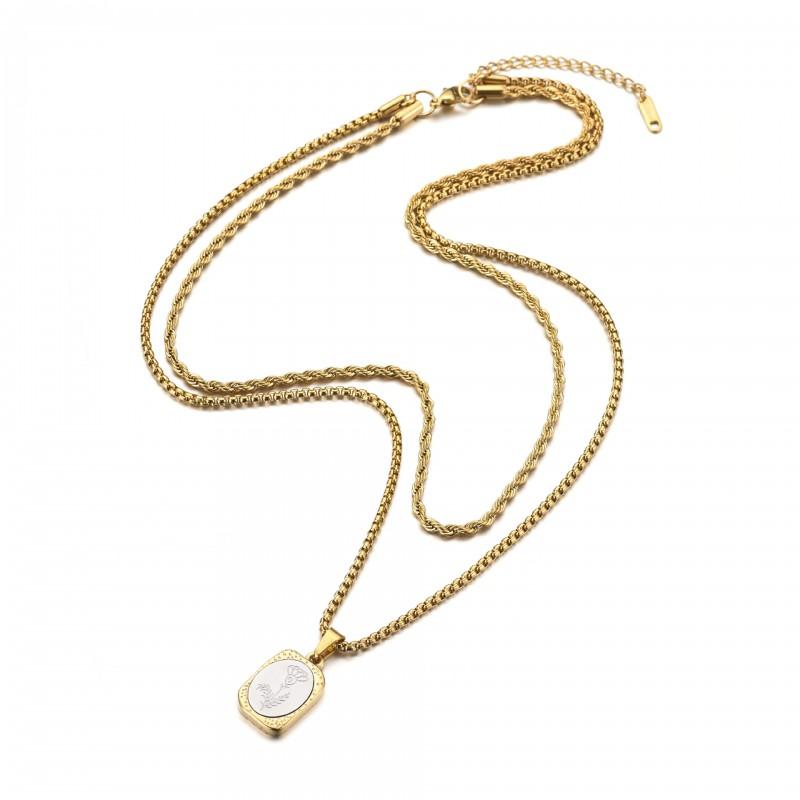 Vintage Floral Titanium Steel Necklace With Engraved French Mirror Square Pendant Layered Locket Chain Women