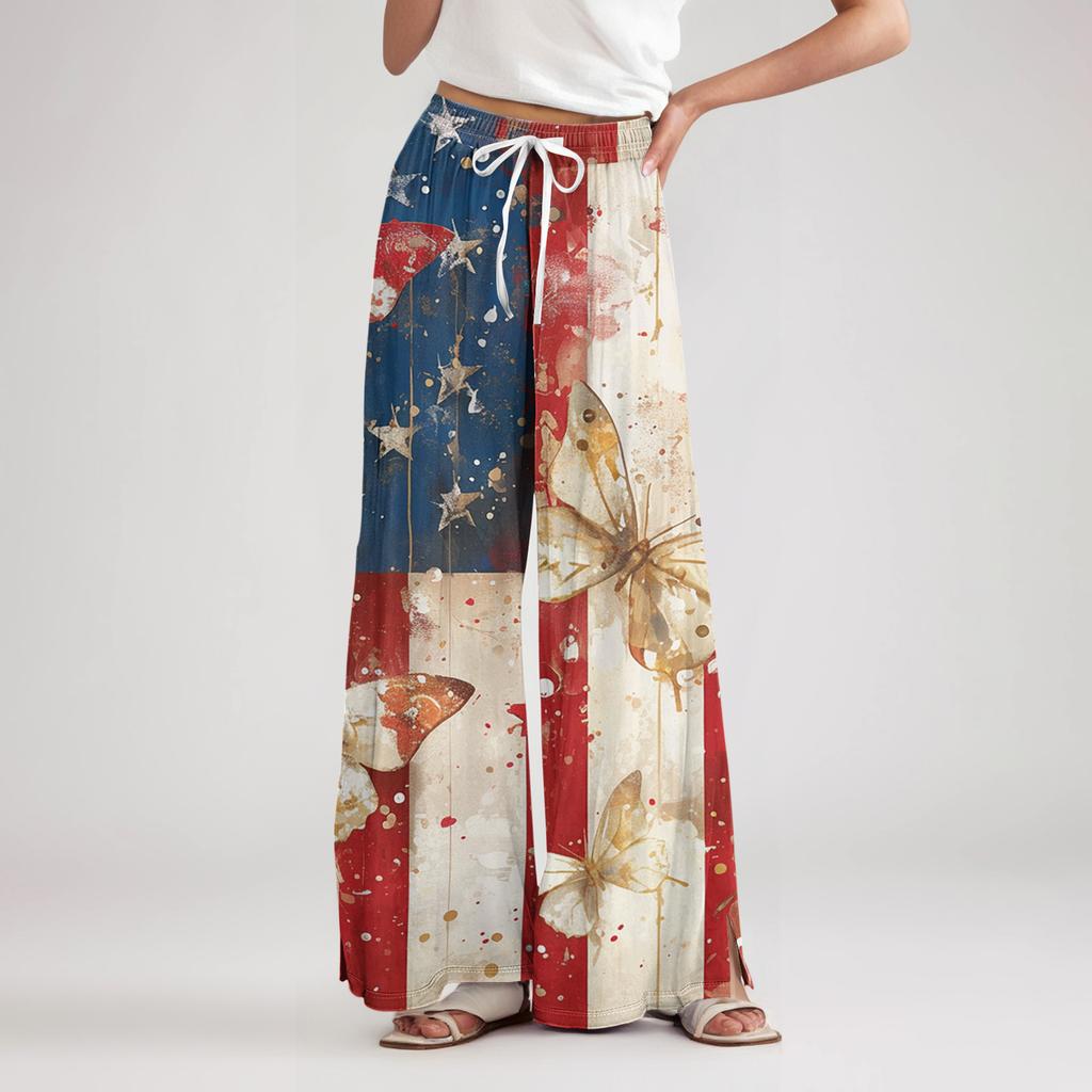 Damen locker lässige weite Hosen mit Unabhängigkeitstag-Aufdruck, elastischem Bund mit Kordelzug und Taschen