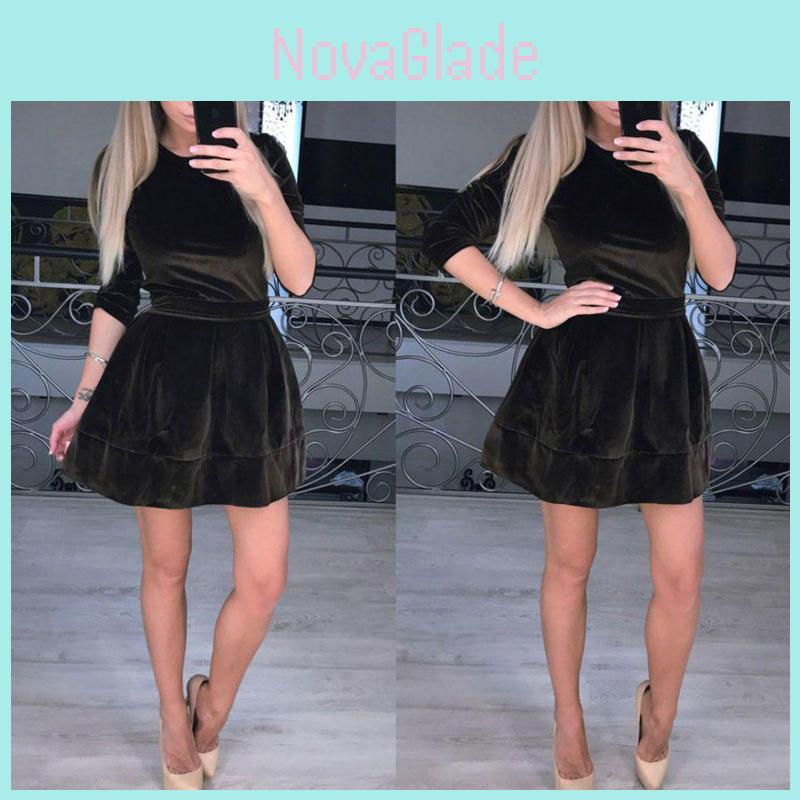 Elegant Women Dress Fashion Velvet Swing Plush Party Evening Prom Skater Midi Dress