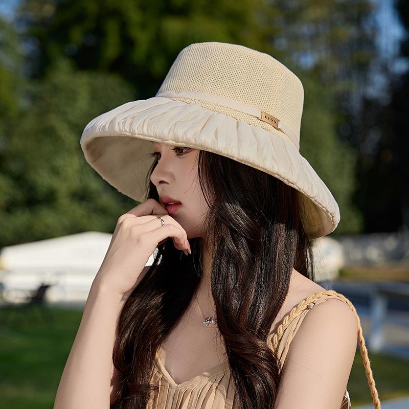 

Folded splicing half net fisherman s hat children spring and summer sweet versatile basin hat big brim breathable sunscreen hat 56-60CM (windbreak rope)