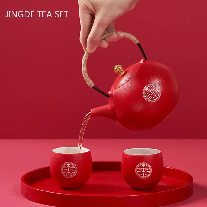 Boutique Ceramic Filter Tea Pot Set Household Tea Pot and Cup Set Chinese Style Wedding Red Teaware Gifts  Productos Chinos