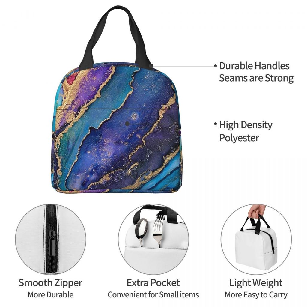 Blue Purple Gilded Luxury Gold Marble Insulated Lunch Bag for Women Cooler Thermal Food Box Tote Portable Lunch Boxes Container