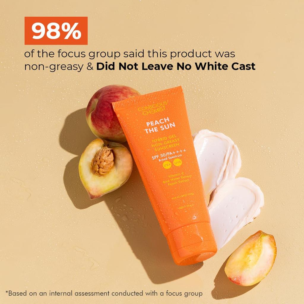 Conscious Chemist® Sunscreen SPF 50 PA++++ | 50g | Gel Sunscreen for Oily Skin, Vitamin C with Rice Water & Peach Extract, Hybrid Lightweight, Al