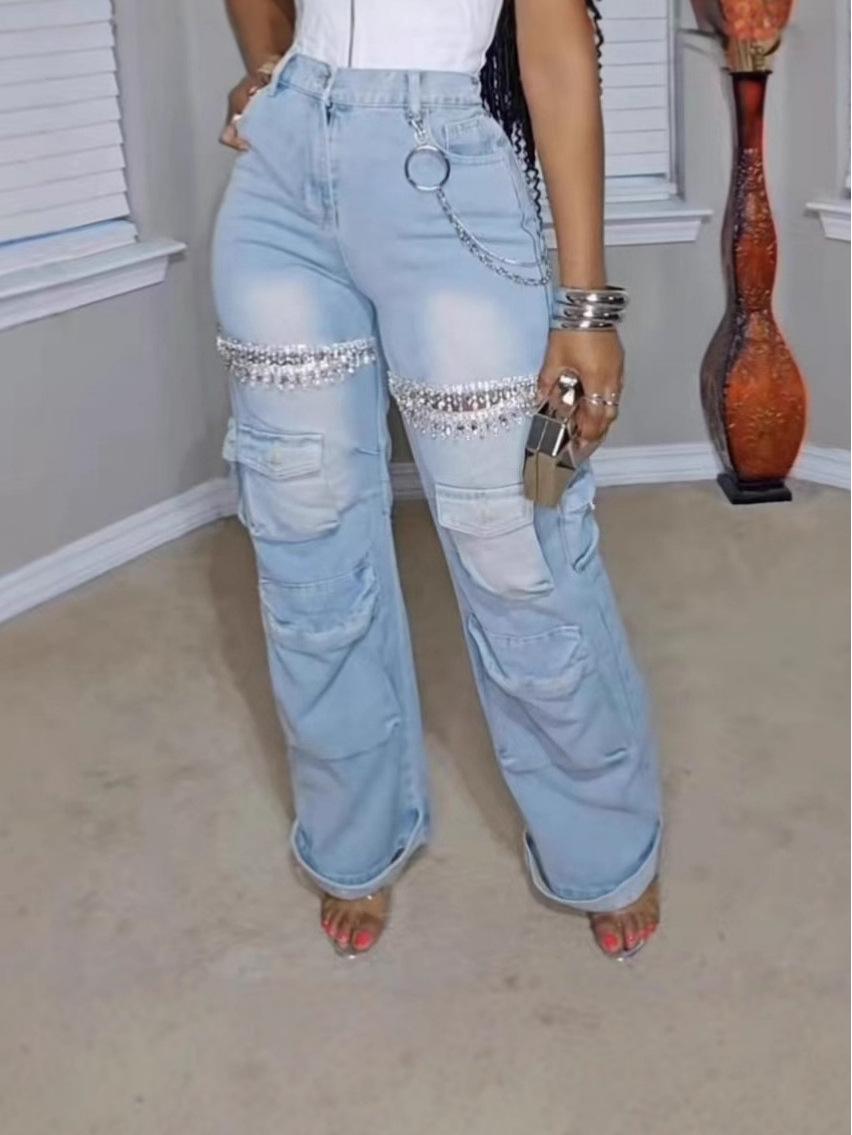 

2025 Women s Casual Elastic Waist Drill Embellished Multi-Pocket Workwear Jeans Small