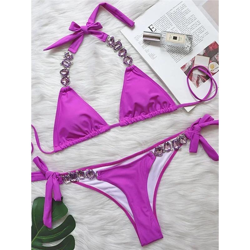

2025 Блискуче стразове діамантове бікіні Жіночий купальник Жіночий купальний костюм Комплект бікіні з двох частин Халтер Металеві ланцюжки Купальний костюм L