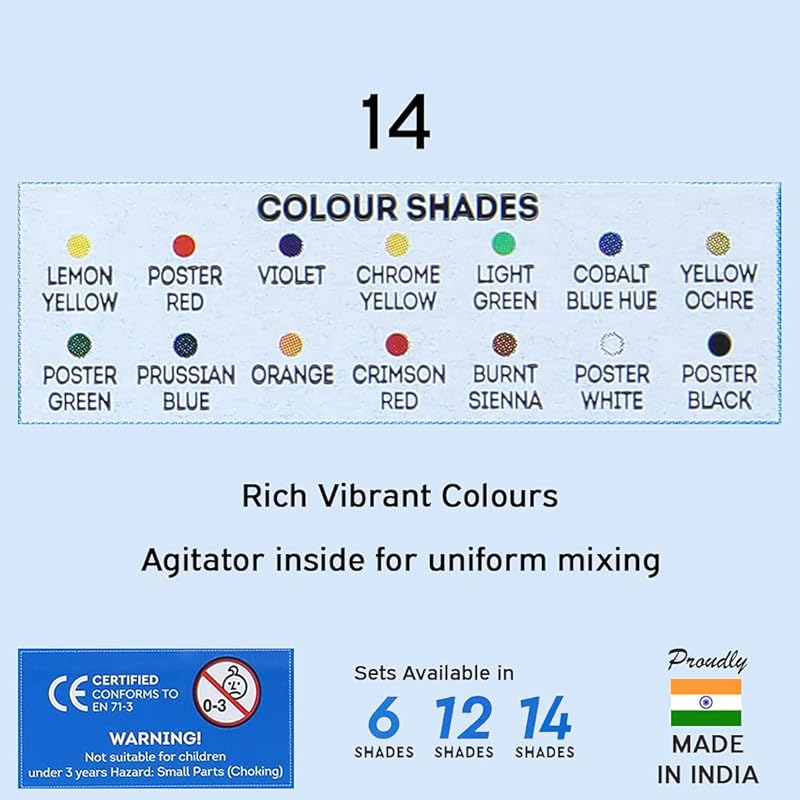 DOMS 14 Shades Poster Colours | Rich & Vibrant Colors | Free Agigator & Brush Inside For Uniform Mixing | Non-Toxic & Sa 0.9L x 0.3W cm