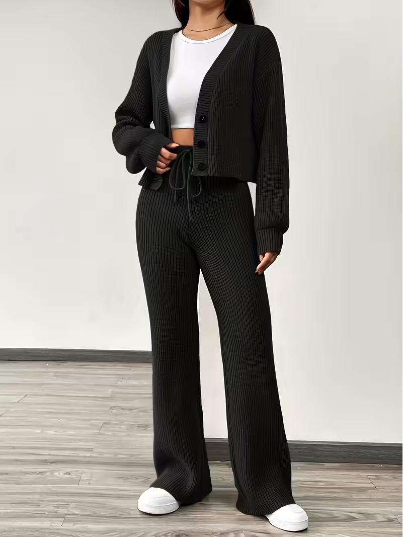

Autumn 2025 European & American Style Solid Knit Cardigan and Long Pants Women s Fashion Two-Piece Set Large
