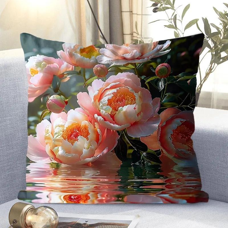 Peony Flower Pattern Decorative Pillowcase Living Room Bedroom Square Cushion Pillowcase