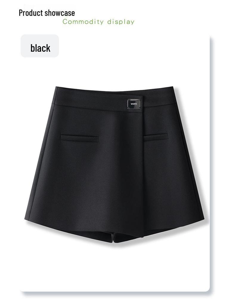 Women's High-Waist Black A-Line Wrap Skort – Spring 2025 Slimming Midi Skirt 