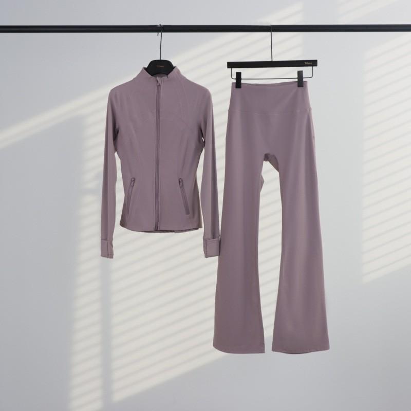 Womens Stand Collar Jacket Flared Pants Set Casual Sporty All-Match Yoga Outfit