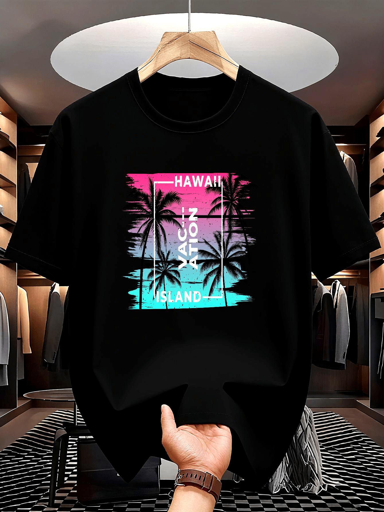 

Tropical Style Summer Tee | Retro Sketch Pattern | Gradient Background | Vertical Hawaii Island Text | Vacation Theme | Fashion | 4 Colors 5XL різнокольоровий
